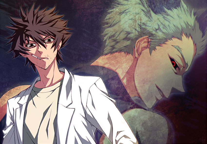 bad_id bad_pixiv_id black_sclera brown_hair cigarette facial_hair gedoooo green_hair labcoat looking_at_viewer male_focus multiple_boys ozaki_toshio projected_inset red_eyes shiki stubble tatsumi_(shiki)