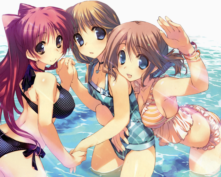 3girls amaduyu_tatsuki bikini cleavage komaki_ikuno komaki_manaka kousaka_tamaki swimsuit to_heart to_heart_2 water