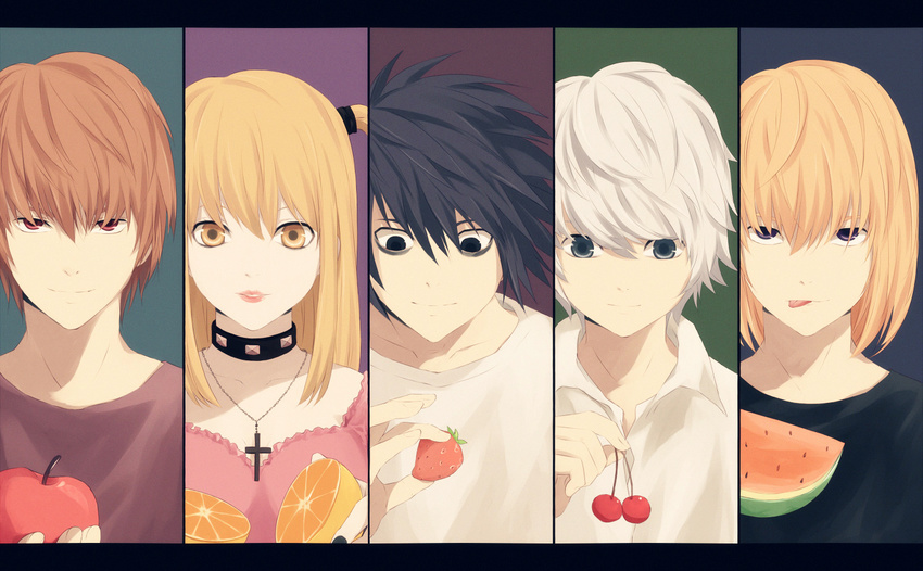 4boys amane_misa apple bangs black_hair black_nails blonde_hair blue_background brown_background cherry choker collar collarbone column_lineup cross death_note food fruit green_background hair_between_eyes holding holding_food holding_fruit l_(death_note) light_smile lips looking_at_viewer looking_down mello multiple_boys nail_polish near nostrils orange out_of_character purple_background saik short_hair smile spiked_hair strawberry tongue tongue_out two_side_up watermelon white_hair yagami_light yellow_eyes