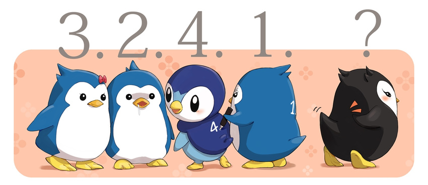 bird bow buizelbuibui crossover esmeralda_(mawaru_penguindrum) flock gen_4_pokemon look-alike mawaru_penguindrum no_humans odd_one_out penguin penguin_1-gou penguin_2-gou penguin_3-gou piplup pokemon pokemon_(creature) saliva