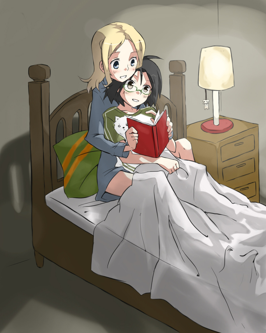 aleksandra_i_pokryshkin bed bespectacled between_legs black_hair blanket blonde_hair blush book brave_witches brown_eyes chikiso glasses green-framed_eyewear highres holding holding_book kanno_naoe long_hair multiple_girls open_mouth reading short_hair sitting smile world_witches_series