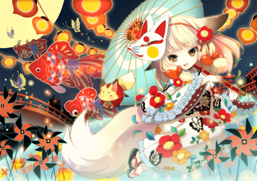 animal_ears bangs blonde_hair blunt_bangs bow bridge bug butterfly camellia fish flower fox fox_ears fox_tail full_body gin_(oyoyo) goldfish hair_bow insect japanese_clothes kimono lantern long_hair mask moon oriental_umbrella original pinwheel revision sandals smile solo tail tsurime umbrella yellow_eyes