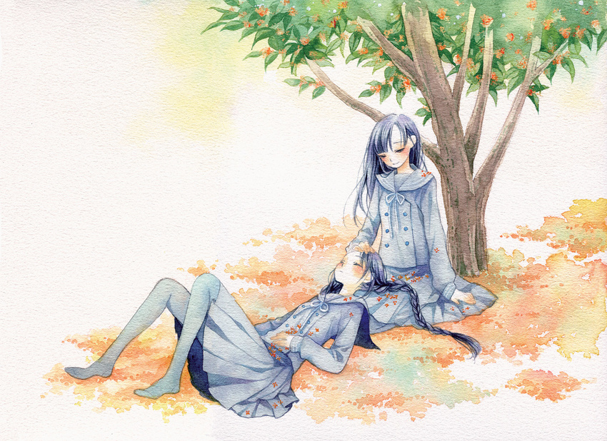 black_hair black_legwear blush braid closed_eyes hand_on_head lap lap_pillow long_hair looking_down lying multiple_girls on_person original pantyhose school_uniform seiza sitting smile tree twin_braids under_tree yuufuushi