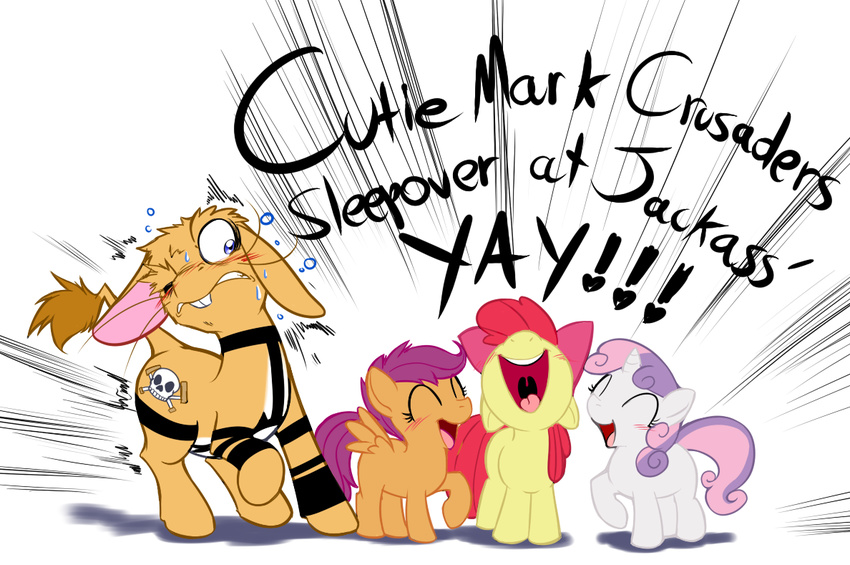 0r0ch1 apple_bloom_(mlp) applebloom_(mlp) cartoon cub cute cutie_mark cutie_mark_crusaders cutie_mark_crusaders_(mlp) dialog dialogue donkey english_text equine eyes_closed female feral foal friendship_is_magic hair horn horse humor jackass male mammal my_little_pony open_mouth pegasus plain_background ponification pony red_hair scootaloo_(mlp) smile sweat sweetie_belle_(mlp) team text tongue unicorn white_background wings yelling young