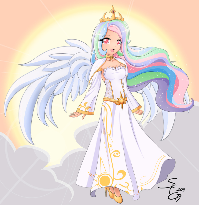 breasts celestia_(my_little_pony) choker cleavage cloud crown detached_sleeves dress high_heels highres light_rays long_hair medium_breasts multicolored_hair my_little_pony my_little_pony_friendship_is_magic open_mouth personification pink_eyes seiryuga shoes smile solo sparkle sun sunbeam sunlight tiara very_long_hair wings