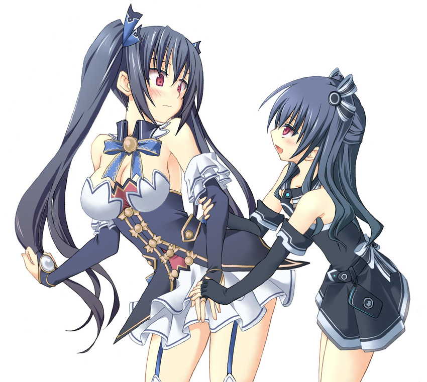 :d arm_grab bare_shoulders belt black_gloves black_hair blue_ribbon blush breasts bridal_gauntlets cleavage cowboy_shot detached_collar dress elbow_gloves garter_straps gloves hair_ornament hair_ribbon long_hair looking_at_another medium_breasts minagi multiple_girls neck_ribbon neptune_(series) noire open_mouth red_eyes ribbon siblings simple_background sisters smile standing twintails two_side_up uni_(choujigen_game_neptune) very_long_hair white_background