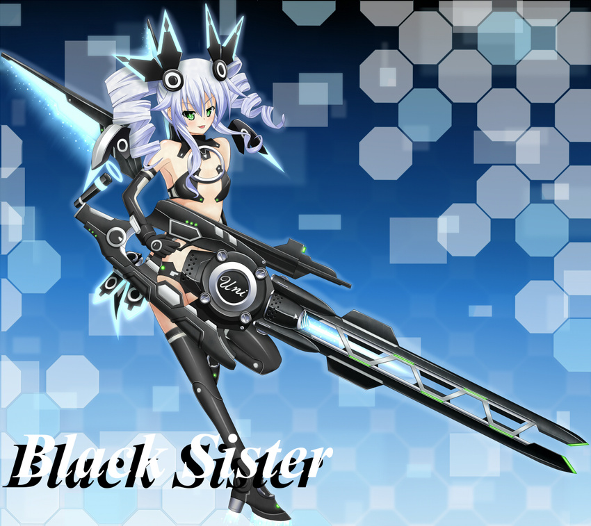 1girl bare_shoulders black_bra black_gloves black_legwear black_panties black_sister black_thighhighs bra choujigen_game_neptune choujigen_game_neptune_mk2 compile_heart drill_hair elbow_gloves female flat_chest gloves green_eyes gun gust hair_ornament idea_factory lingerie long_hair mas2000 neptune_(series) nippon_ichi panties silver_hair solo symbol-shaped_pupils thighhighs twin_drills twintails underwear uni_(choujigen_game_neptune) weapon