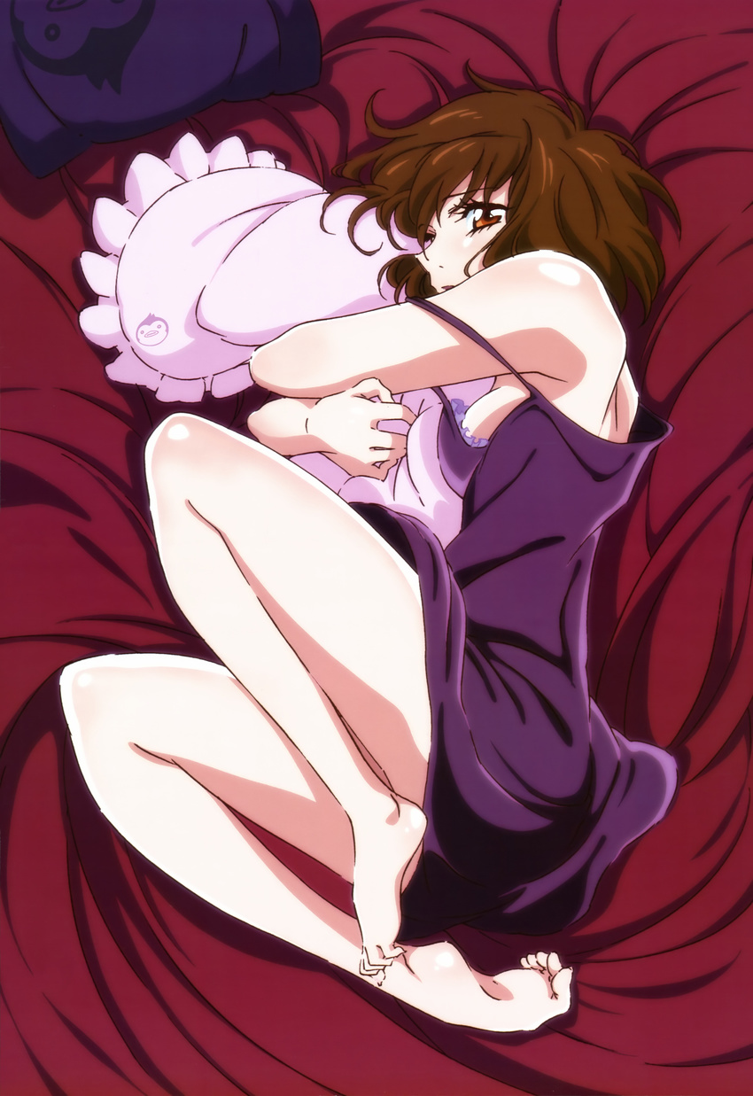 absurdres barefoot bed_sheet breasts brown_eyes brown_hair chemise feet frilled_pillow frills highres legs lying mawaru_penguindrum non-web_source nyantype official_art oginome_ringo on_side pillow pillow_hug scan shindou_yuu short_hair sideboob small_breasts solo strap_slip toe_scrunch