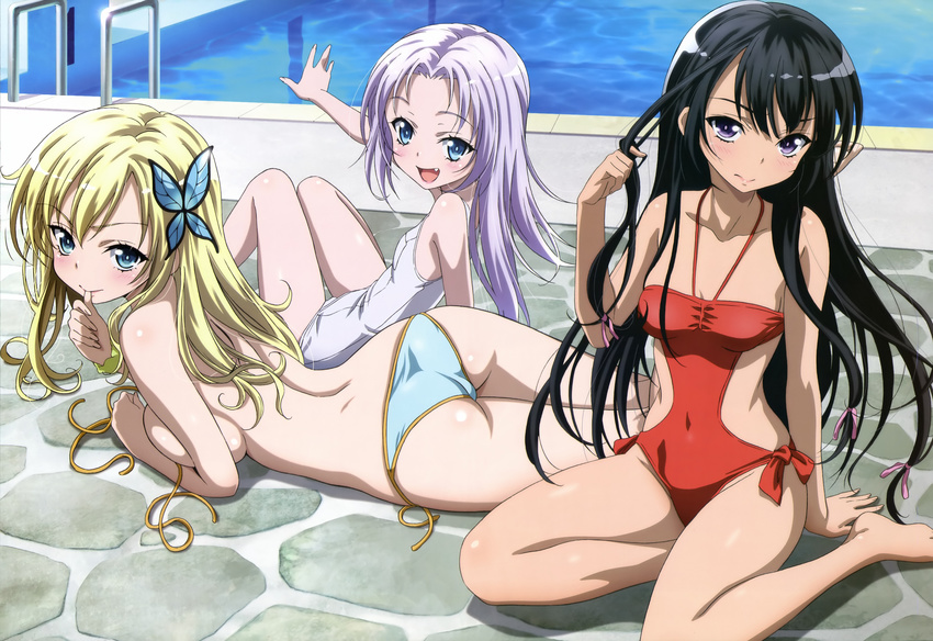 :d absurdres arched_back ass bikini black_hair blonde_hair blue_bikini blue_eyes boku_wa_tomodachi_ga_sukunai breasts butterfly_hair_ornament casual_one-piece_swimsuit day fang finger_in_mouth hair_ornament hair_ribbon hair_twirling highres ishikawa_tomomi kashiwazaki_sena large_breasts leaning_back long_hair lying mikazuki_yozora multiple_girls non-web_source nyantype official_art on_stomach one-piece_swimsuit open_mouth outdoors outstretched_arm pool pool_ladder poolside red_swimsuit ribbon scan school_swimsuit side-tie_bikini sideboob silver_hair sitting smile swimsuit takayama_maria topless very_long_hair water white_school_swimsuit white_swimsuit yokozuwari