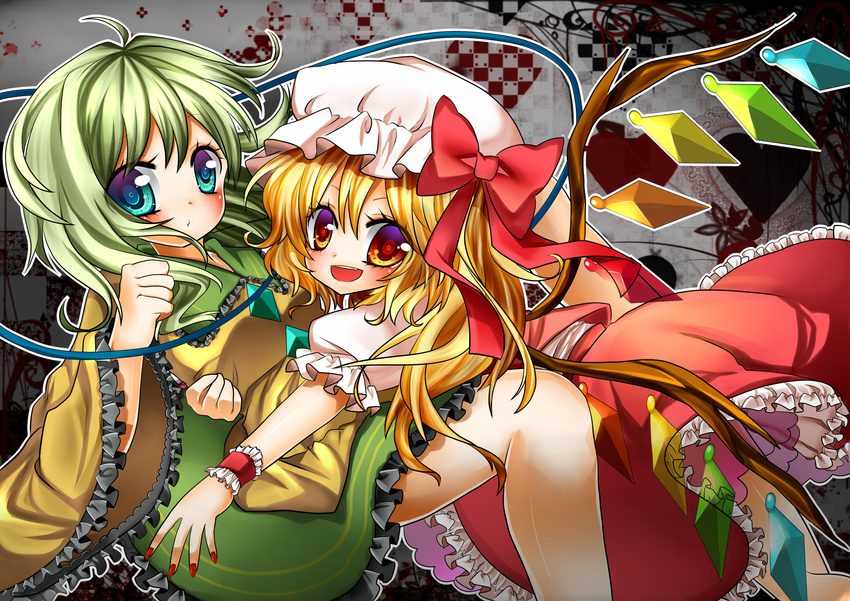 bad_id bad_pixiv_id beni0012 blonde_hair flandre_scarlet green_eyes green_hair hat highres komeiji_koishi multiple_girls red_eyes short_hair side_ponytail touhou wings