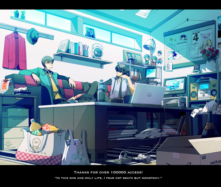 alarm_clock arsene_lupin_iii ashtray bad_id bad_pixiv_id bag beard book bookshelf box cameo can cardboard_box cigarette clock computer couch english facial_hair final_fantasy flower food formal from_below green_jacket hat hits indoors jacket jigen_daisuke letterboxed lupin_iii male_focus multiple_boys nasubi_(w.c.s) necktie pen purple_neckwear red_jacket room sabotender scenery scissors shelf shopping_bag soda_can stereo suit trash_can vase yellow_neckwear