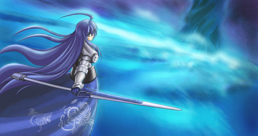 ahoge armor armored_dress aselia_bluespirit blue_hair eien_no_aselia eternity_sword_series gauntlets long_hair solo sword weapon