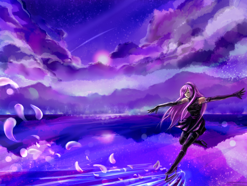 bad_id bad_pixiv_id boots breasts cloud dress elbow_gloves flower gloves headphones highres ice_skates karlwolf large_breasts long_hair megurine_luka petals pink_hair purple skates skating solo star sunset thighhighs vocaloid zettai_ryouiki