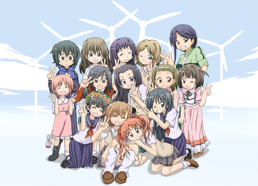 awatsuki_maaya chibi daihii edasaki_banri haruue_erii highres kiyama_harumi kongou_mitsuko konori_mii misaka_mikoto multiple_girls sakugawa_school_uniform saten_ruiko school_uniform serafuku shirai_kuroko skirt sleeves_rolled_up tessou_tsuzuri to_aru_kagaku_no_railgun to_aru_majutsu_no_index tokiwadai_school_uniform tsukuyomi_komoe uiharu_kazari v wannai_kinuho wind_turbine windmill yomikawa_aiho