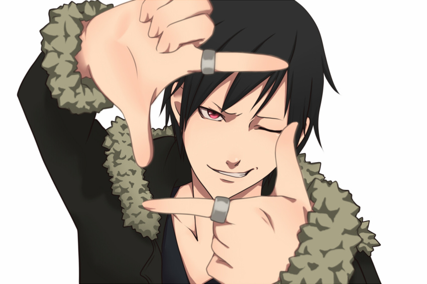 avelixir bad_id bad_pixiv_id black_hair durarara!! finger_frame grin hands jewelry male_focus one_eye_closed orihara_izaya red_eyes ring smile solo