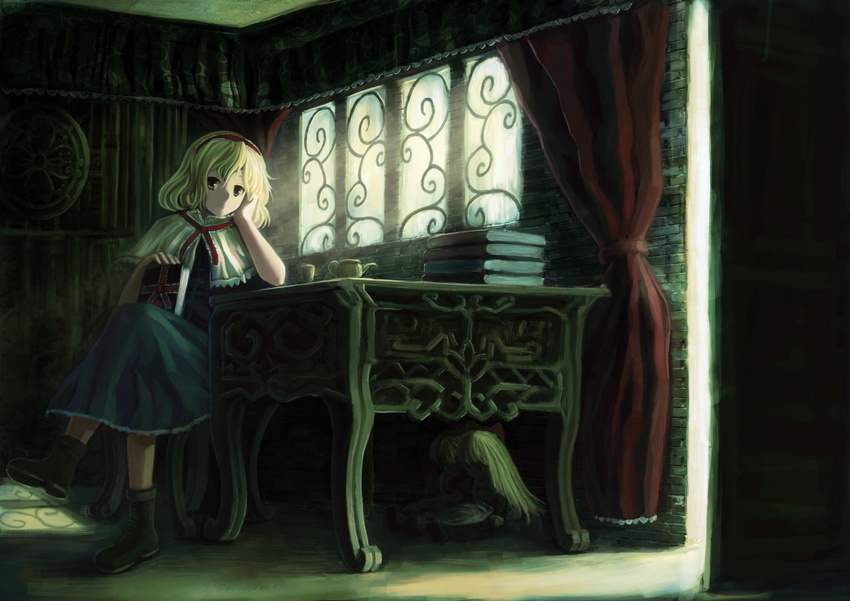 absurdres alice_margatroid bad_id bad_pixiv_id blonde_hair book boots crossed_legs desk doll highres sitting solo touhou window yinzhai
