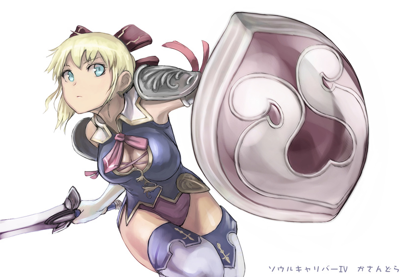 bad_id bad_pixiv_id blonde_hair blue_eyes bow breasts cassandra_alexandra cleavage cleavage_cutout elbow_gloves gloves hair_bow medium_breasts necktie pink_neckwear shield short_hair simple_background solo soulcalibur soulcalibur_iv sword tea_(nakenashi) thighhighs weapon