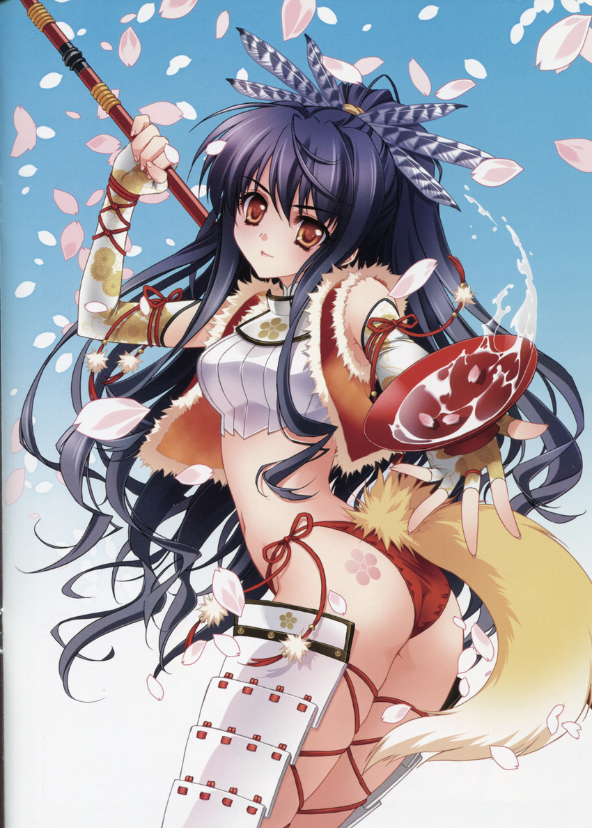 absurdres alcohol armor ass black_hair brown_eyes carnelian cherry_blossoms crop_top cup elbow_gloves feathers fingerless_gloves fur_trim genderswap genderswap_(mtf) gloves halter_top halterneck headdress highres jacket maeda_keiji midriff navel original panties ponytail red_panties sakazuki sake scan side-tie_panties skindentation solo tail twisted_torso underwear