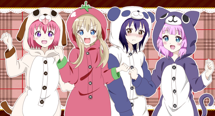 :d akaza_akari animal_costume black_hair blonde_hair blue_eyes blush brown_eyes cat_costume clenched_hand clenched_hands costume dog dog_costume frown funami_yui kanap0n multiple_girls open_mouth pajamas panda panda_costume pink_hair purple_eyes red_hair smile tomato tomato_costume toshinou_kyouko v-shaped_eyebrows yoshikawa_chinatsu yuru_yuri