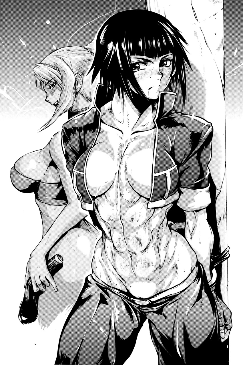 abs breasts collar cropped_jacket cuffs ez6 fingerless_gloves gloves greyscale groin highres jacket labia large_breasts monochrome multiple_girls muscle muscular_female navel non-web_source open_clothes open_jacket original scan short_hair sideboob sleeves_rolled_up strapless tubetop