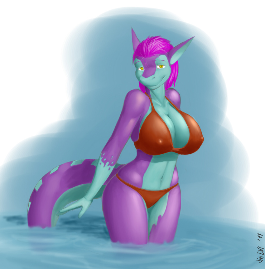 angela big_breasts bikini blue blue_belly blue_markings breasts cleavage clothed clothing female gecko green hair huge_breasts jin_dragowolf jindragowolf lizard looking_at_viewer markings pink_hair purple purple_hair purple_skin reptile scalie skimpy smile solo standing swimsuit tail thighs water wide_hips yellow_eyes