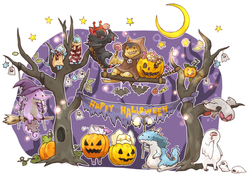 bad_pixiv_id banner bare_tree bat broom candy chameleos chibi creature crescent_moon english food genprey ghost gigginox halloween happy_halloween hat hood jack-o'-lantern khezu khezu_whelp lagiacrus lollipop minimized monster monster_hunter moon nargacuga no_humans pumpkin robe scarf sitting star swing tigrex tree velociprey witch_hat yakiudon yian_garuga yian_kut-ku