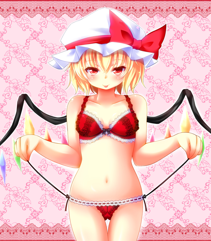 :p blonde_hair bra breasts flandre_scarlet hat highres lingerie navel panties red_eyes rena_(riries) small_breasts solo thigh_gap tongue tongue_out touhou underwear underwear_only wings