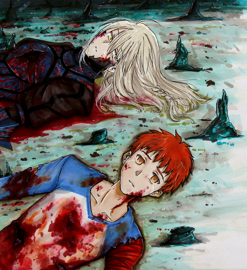 blonde_hair blood cave emiya_shirou empty_eyes fate/stay_night fate_(series) gore guro highres injury ladymarta lying orange_hair saber saber_alter tears tusia wound wounded yellow_eyes