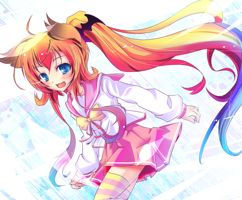 andou_mirai fang gradient_hair itsuka_tenma_no_kuro_usagi multicolored_hair school_uniform smile solo thighhighs yamamoto_(kirisamemario) zettai_ryouiki