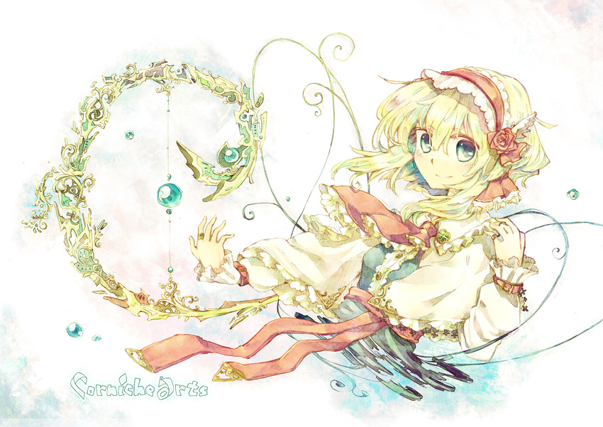alice_margatroid bangs blonde_hair blue_eyes blush bow capelet flower frills hairband highres jewelry looking_at_viewer ribbon ring rl rose sash short_hair smile solo touhou upper_body