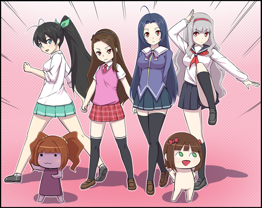 :3 ahoge aqua_skirt black_hair black_legwear black_skirt blue_eyes blue_hair breasts brown_hair chibi ganaha_hibiki hair_ribbon hairband idolmaster idolmaster_(classic) kung_fu large_breasts long_hair minase_iori miniskirt miura_azusa multiple_girls nonowa pink_skirt plaid plaid_skirt pleated_skirt ponytail red_eyes ribbon school_uniform serafuku shijou_takane shougi_(116) silver_hair skirt smile striped striped_skirt sweater_vest thighhighs twintails yayoi_creature zettai_ryouiki