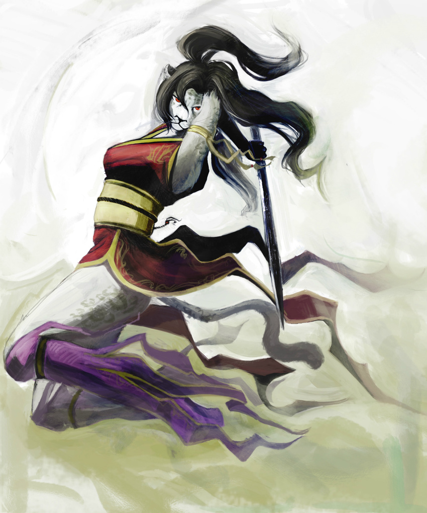 anthro black_hair black_nose chinese_dress clothed clothing enrin feline female hair japanese_clothing kimono long_black_hair long_hair looking_at_viewer mammal pinup pose red_eyes solo sword weapon