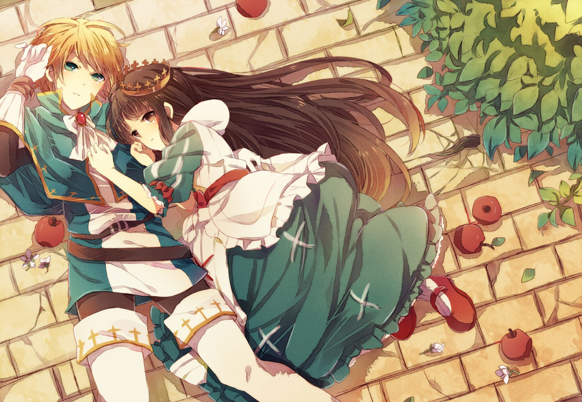 1girl apple belt black_hair blonde_hair blue_eyes boots brooch brown_eyes bush couple cravat crown dress flower food frills fruit gloves hetero jewelry leaf long_hair lying marchen mary_janes mugi_(twinbox) on_back on_side red_footwear schneewittchen shoes short_hair sound_horizon tettere thigh_boots thighhighs white_gloves