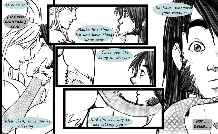 butt comic dragon english_text eye_contact female human kissing looking_at_each_other male mammal monochrome raus_(recklessarts) recklessarts rika_(recklessarts) straight tail text