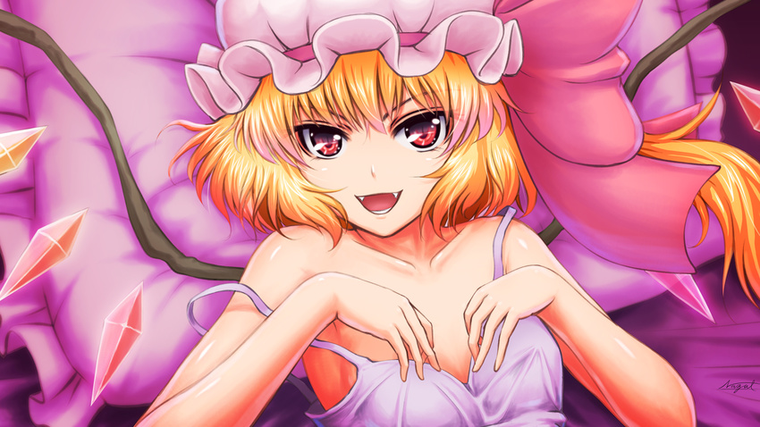 blonde_hair dress fangs flandre_scarlet frilled_pillow frills hands_on_own_chest hat hat_ribbon highres lying nazal nightgown off_shoulder on_back open_mouth pillow purple_dress red_eyes ribbon short_hair side_ponytail signature smile solo strap_slip touhou wings