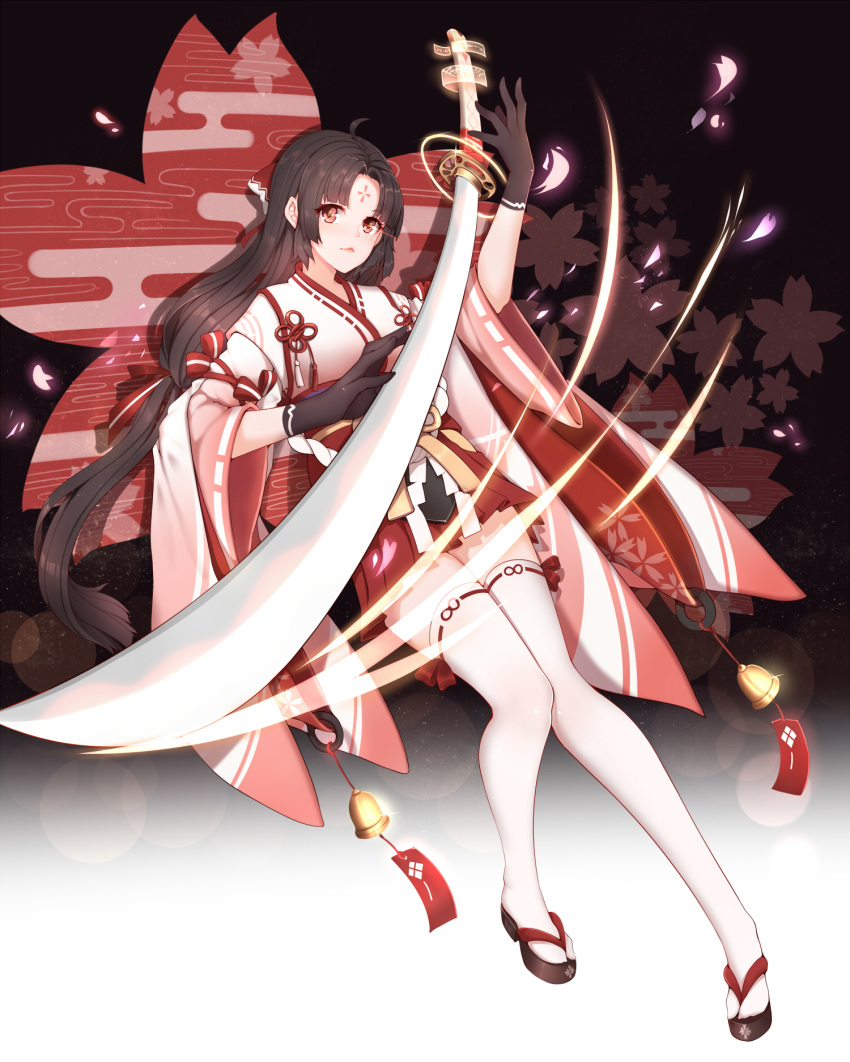 ahoge bangs bell brown_gloves brown_hair closed_mouth commentary_request facial_mark forehead_mark full_body gloves hakama_skirt hanami_dango_(zzldango) highres holding holding_sword holding_weapon long_hair looking_at_viewer onmyoji orange_eyes parted_bangs red_skirt sandals skirt solo sword tabi thighhighs very_long_hair weapon white_legwear youtouhime zettai_ryouiki