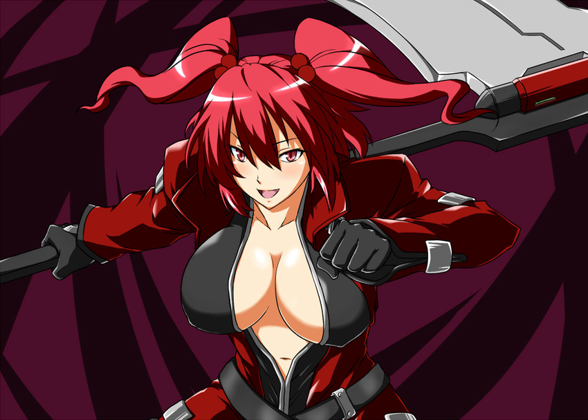 :d blazblue breasts cleavage cosplay hair_bobbles hair_ornament huge_breasts onozuka_komachi open_clothes open_mouth open_shirt pink_eyes ragna_the_bloodedge ragna_the_bloodedge_(cosplay) red_hair scythe shirt shouji_nigou smile solo touhou