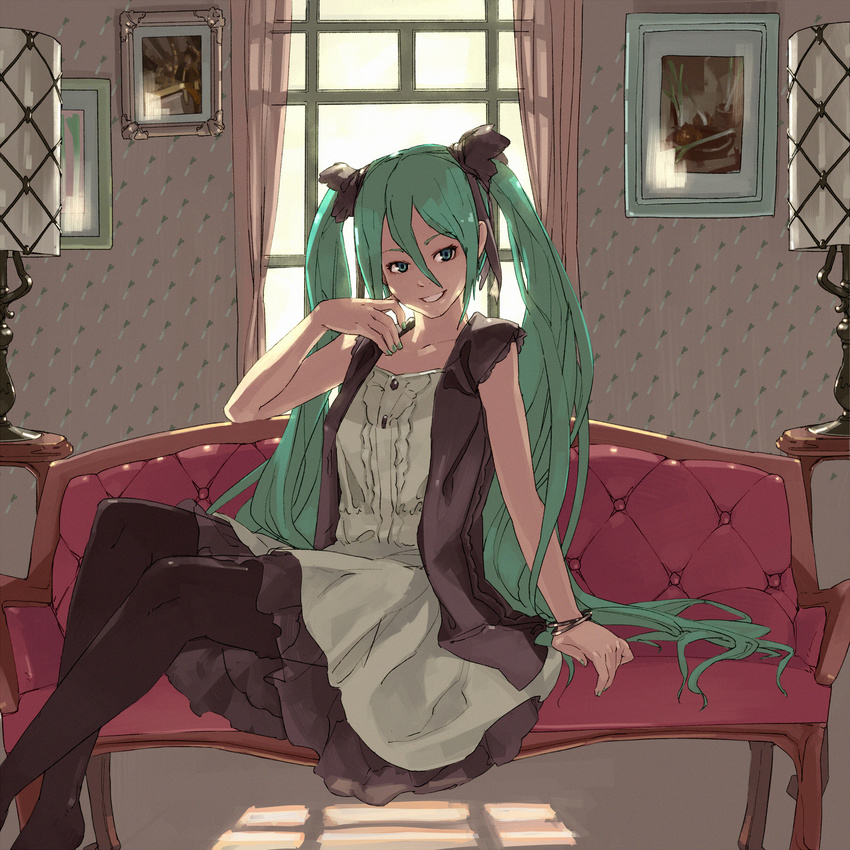black_legwear bracelet couch green_eyes green_hair green_nails grin hair_ribbon hands hatsune_miku highres jewelry long_hair nail_polish pantyhose picture_(object) ribbon shihou_(g-o-s) sitting skirt smile solo spring_onion twintails very_long_hair vocaloid window world_is_mine_(vocaloid)