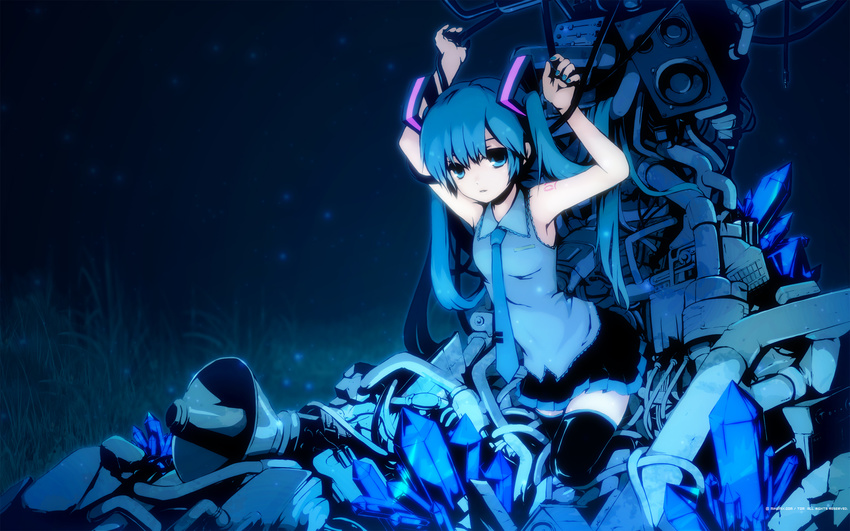 aqua_eyes aqua_hair arms_up black_legwear blue_eyes blue_hair boots crystal hatsune_miku highres long_hair megaphone mikumix night skirt solo thigh_boots thighhighs tomsan twintails very_long_hair vocaloid wallpaper zettai_ryouiki