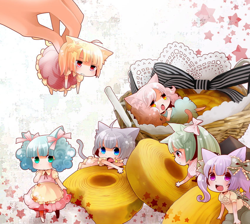 ahoge animal_ears annoyed basket blue_eyes blue_hair blush bow cat_ears cat_tail chibi eating fang food green_eyes green_hair grey_hair hair_bow hair_ribbon highres in_food minigirl moonyan multiple_girls open_mouth original pastry red_eyes ribbon tail twintails yellow_eyes