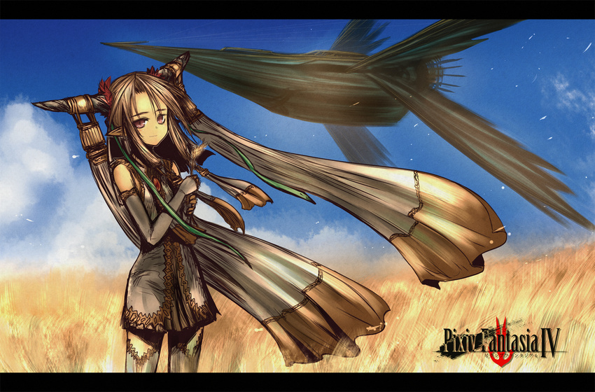 aircraft airship blonde_hair cloud day elbow_gloves gloves horns kotoba_noriaki letterboxed long_hair pixiv_fantasia pixiv_fantasia_4 pointy_ears purple_eyes ratkia_marhault red_eyes sky solo thighhighs twintails wheat wind