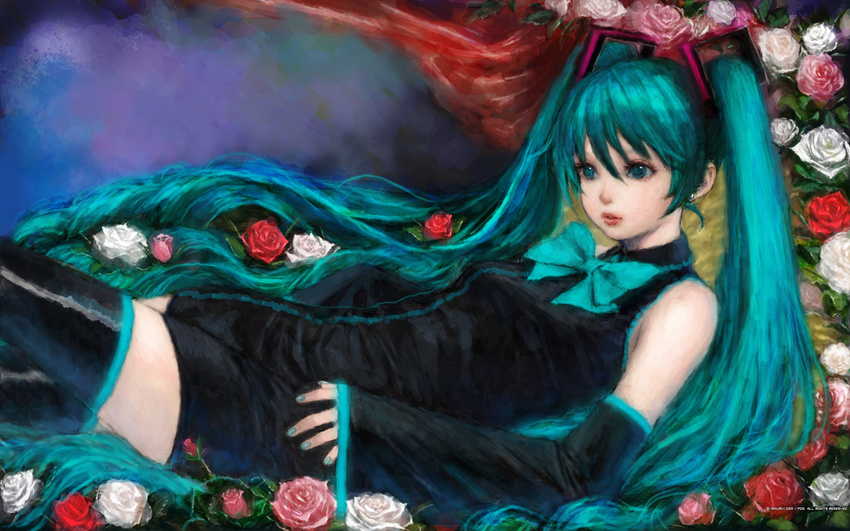 aqua_eyes aqua_hair boots flower hatsune_miku highres long_hair lying mikumix on_back pon rose smile solo thigh_boots thighhighs twintails very_long_hair vocaloid wallpaper white_flower white_rose zettai_ryouiki