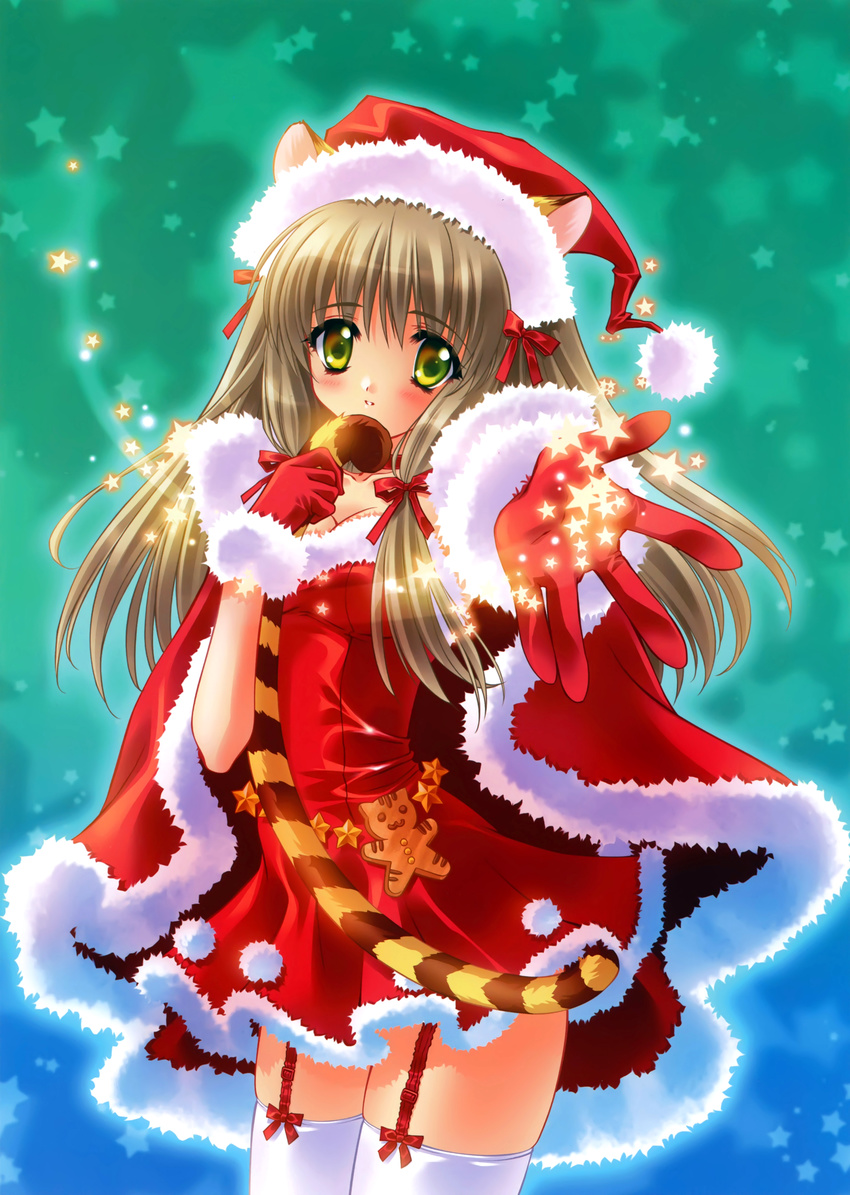 absurdres animal_ears bangs blush breasts brown_hair cape carnelian christmas cleavage cowboy_shot dress fur_trim garter_straps gloves green_eyes hair_ribbon hat highres long_hair looking_at_viewer original outstretched_arm parted_lips pom_pom_(clothes) red_gloves red_ribbon ribbon santa_costume santa_hat small_breasts solo star tail thighhighs tiger_ears tiger_tail white_legwear
