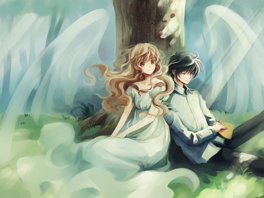 1girl angel_wings black_hair blonde_hair brown_eyes closed_eyes dress feng_you ghost highres long_hair monou_kotori shirou_kamui short_hair tree wings x_(manga)