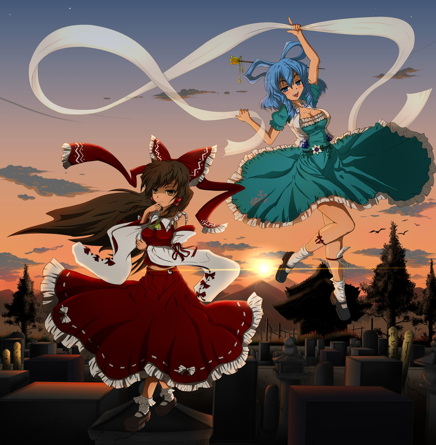 absurdres bad_id bad_pixiv_id blue_eyes blue_hair breasts brown_eyes brown_hair detached_sleeves graveyard hair_ribbon hair_tubes hakurei_reimu highres kado kaku_seiga medium_breasts multiple_girls navel pointing ribbon shawl sunset touhou