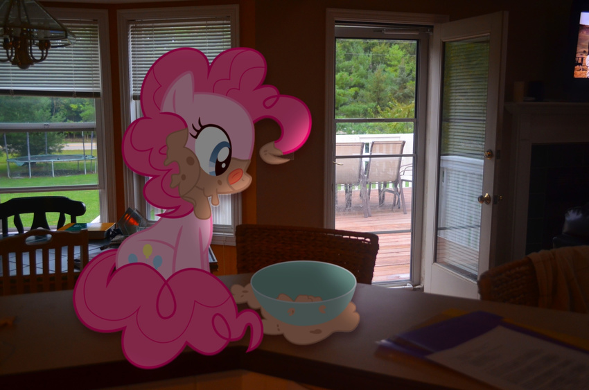 bowl chair counter cute cutie_mark daytime deck door equine female feral friendship_is_magic grass hair horse mammal mixed_media my_little_pony oatmeal pink_hair pinkie_pie_(mlp) ponies_in_real_life pony real solo table trampoline tree window wood