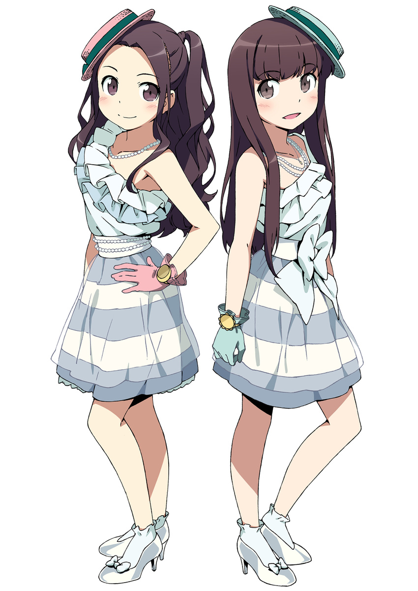 alice_(claris) bare_shoulders blue_dress brown_eyes brown_hair clara_(claris) claris_(group) dress frills full_body gloves hand_on_hip hat high_heels highres jewelry kanzaki_hiro long_hair medium_dress multiple_girls necklace official_art open_mouth ribbon shoes simple_background sleeveless sleeveless_dress smile standing striped striped_dress white_background