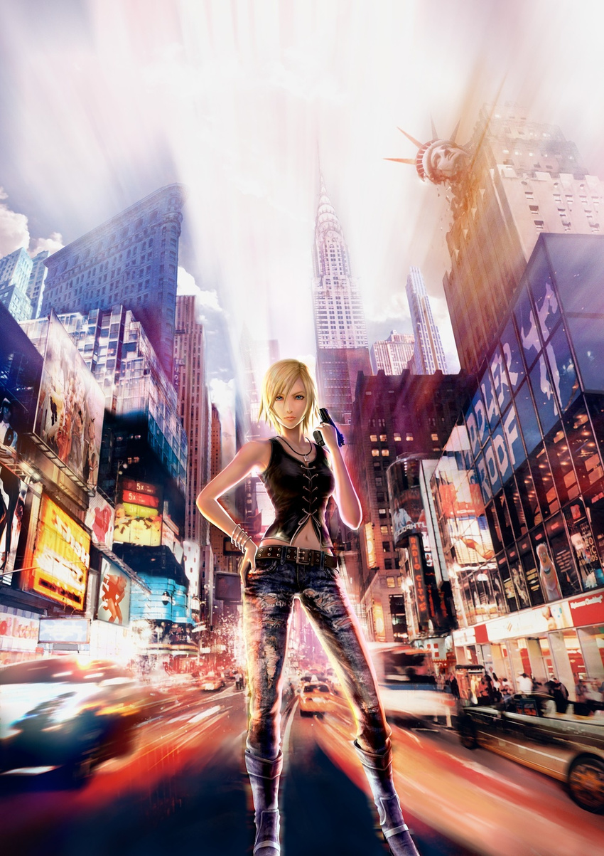 aya_brea bare_shoulders blonde_hair blue_eyes boots bracelet chrysler_building city city_lights denim gun hand_on_hip handgun highres jeans jewelry landmark midriff motion_blur navel necklace new_york official_art pants parasite_eve parasite_eve_the_3rd_birthday pistol short_hair statue_of_liberty times_square torn_clothes weapon