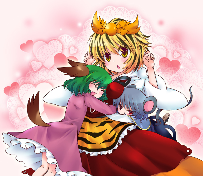 animal_ears animal_print arms_up blonde_hair brown_hair capelet dress girl_sandwich green_hair grey_dress grey_hair hair_ornament heart hug kasodani_kyouko long_skirt mouse_ears mouse_tail multiple_girls nazrin ogakuru open_mouth pink_dress red_eyes red_skirt sandwiched shirt short_hair skirt smile tail tiger_print toramaru_shou touhou yellow_eyes