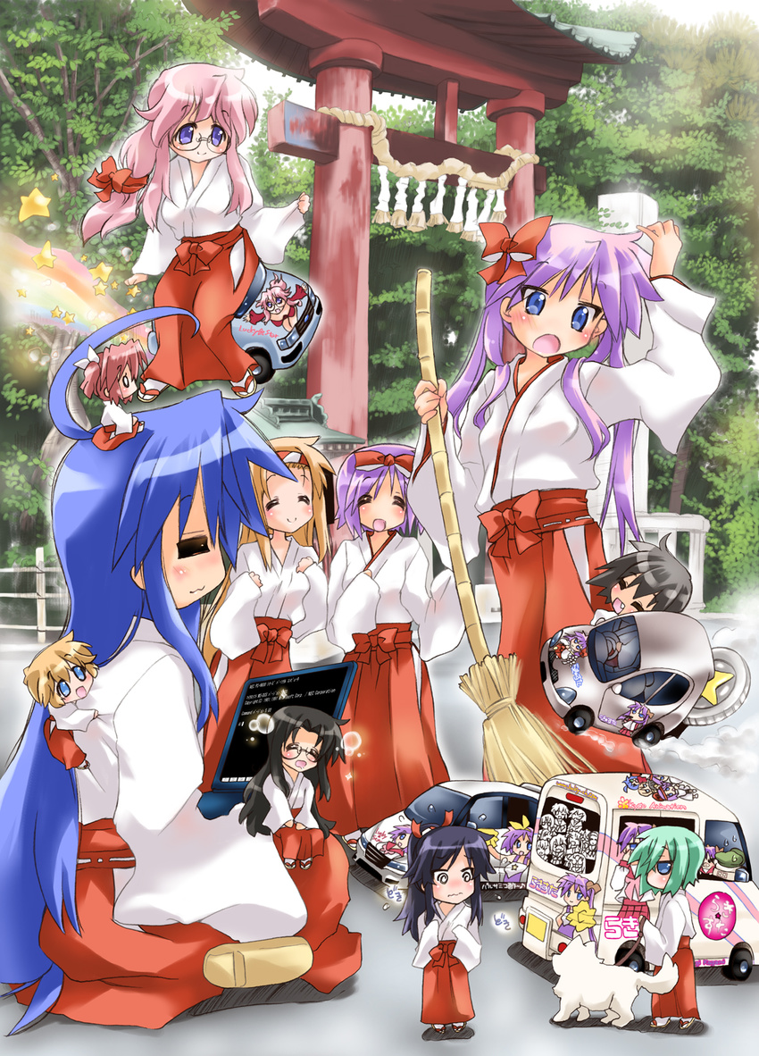 6+girls :3 :d =_= @_@ ^_^ ahoge alternate_costume anime_location arm_up bangs black_hair blonde_hair blue_eyes blue_hair blush bow breasts broom car character_name cherry_(lucky_star) chibi chibi_on_head climbing closed_eyes closed_mouth computer copyright_name d: day dog_walking driving drooling everyone eyebrows_visible_through_hair fang fence flat_chest flying_sweatdrops green_hair ground_vehicle hair_bow hair_ribbon hairband hands_up happy high_ponytail highres hiiragi_kagami hiiragi_tsukasa holding holding_broom holding_leash huge_ahoge indian_style itasha iwasaki_minami izumi_konata japanese_clothes jitome kagamin_boo kobayakawa_yutaka kusakabe_misao kyoto_animation laptop large_breasts leash long_hair long_sleeves low-tied_long_hair lucky_star medium_breasts miko minegishi_ayano motor_vehicle multiple_girls nyanmilla on_head open_mouth orange_hair outdoors parted_bangs patricia_martin pink_hair ponytail purple_eyes purple_hair raised_eyebrows red_bow ribbon semi-rimless_eyewear shiny shiny_hair short_hair short_twintails shrine sidelocks sitting smile sound_effects standing star surprised tabi takara_miyuki tamura_hiyori torii translation_request tree twintails under-rim_eyewear very_long_hair wakase_izumi walking watermark wavy_hair wavy_mouth web_address wide_sleeves zouri